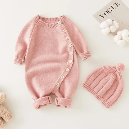 Full Sleeve Knitted Newborn Infant Boys Girls Jumpsuits Hats Outfits Sets