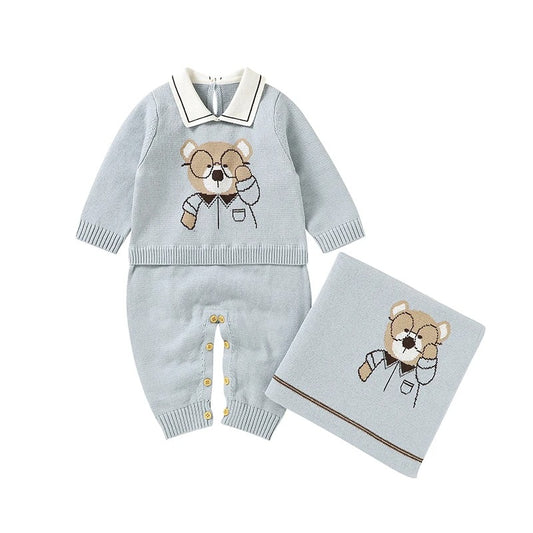 Set Cotton Knit Toddler Long Sleeve Turn-down Jumpsuit + Bed Quilt cute Bear.