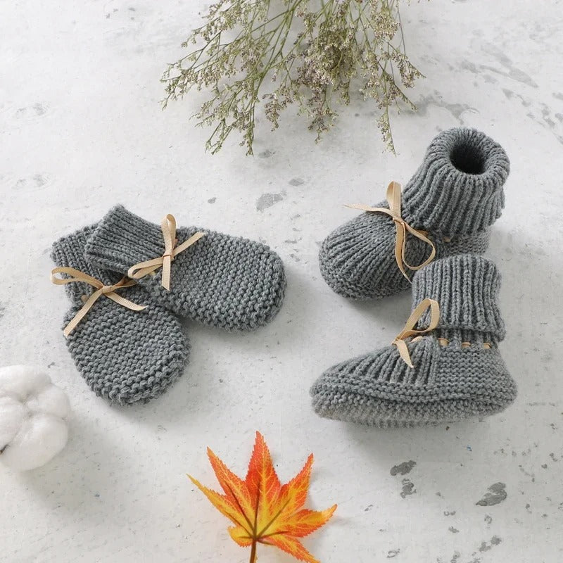 Set Knitted Infant Long Sleeve Jumpsuit +Boots +Mitten Solid +Hat Toddler Clothing  4PC