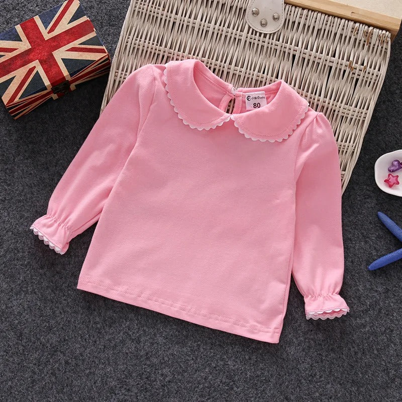 Little Girls Shirts Cotton Lace White Long Sleeve.