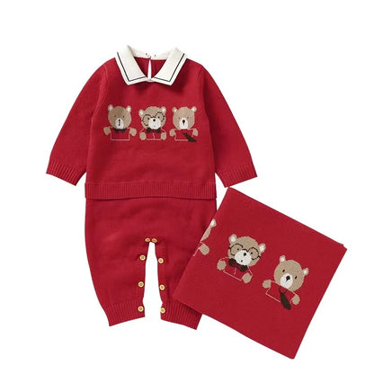 Set Cotton Knit Toddler Long Sleeve Turn-down Jumpsuit + Bed Quilt cute Bear.