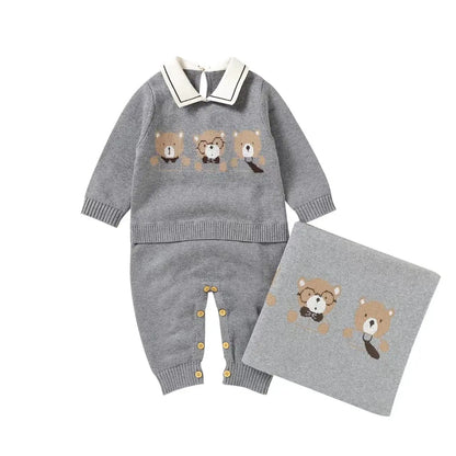 Set Cotton Knit Toddler Long Sleeve Turn-down Jumpsuit + Bed Quilt cute Bear.