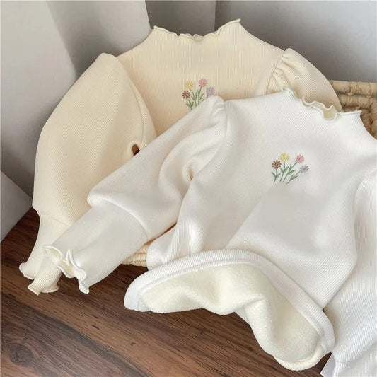 Warm Thickening Sweater Children Puff Sleeve Flower Embroidery Bottom