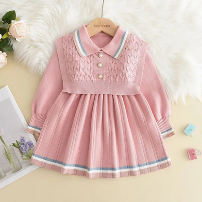 Kids Dresses Pearl Button Tricolor