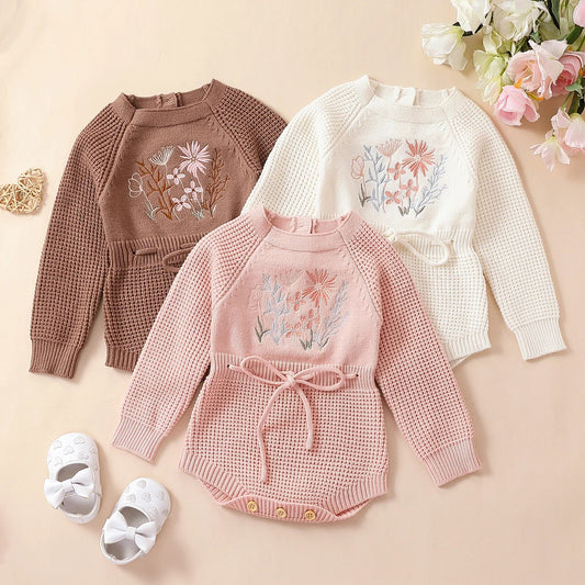 Pudcoco Infant Baby Girl Knit Jumpsuit Flower Embroidery Long Sleeve Drawstring Waist Romper.
