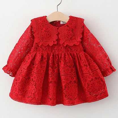 Doll Collar Long Sleeve Lace Baby Dress.