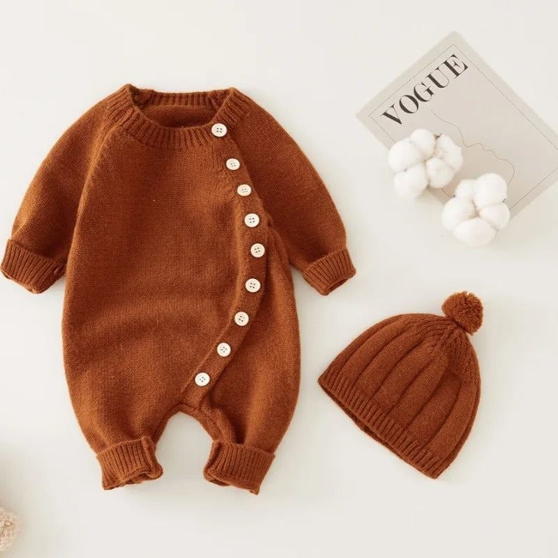 Full Sleeve Knitted Newborn Infant Boys Girls Jumpsuits Hats Outfits Sets