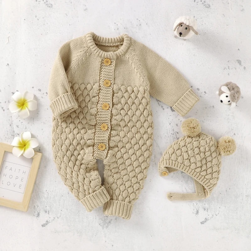 Set Knitted Infant Long Sleeve Jumpsuit +Boots +Mitten Solid +Hat Toddler Clothing  4PC