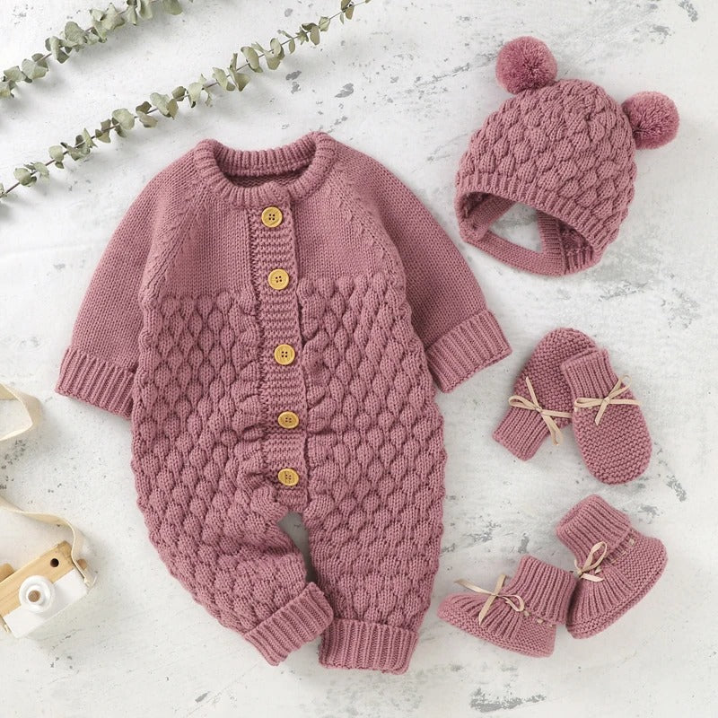 Set Knitted Infant Long Sleeve Jumpsuit +Boots +Mitten Solid +Hat Toddler Clothing  4PC
