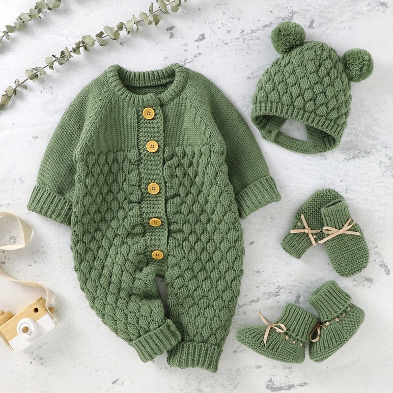 Set Knitted Infant Long Sleeve Jumpsuit +Boots +Mitten Solid +Hat Toddler Clothing  4PC