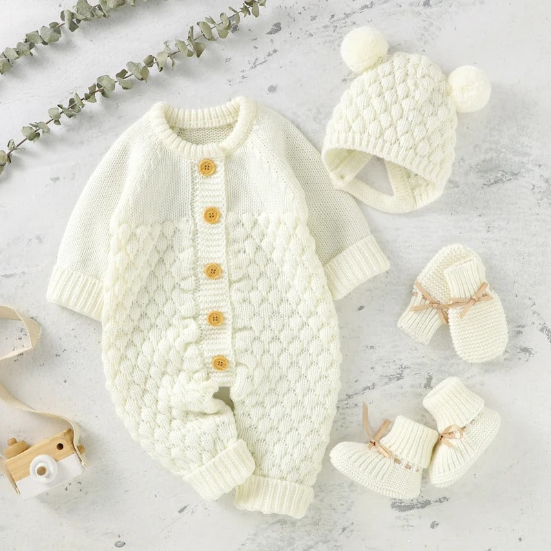 Set Knitted Infant Long Sleeve Jumpsuit +Boots +Mitten Solid +Hat Toddler Clothing  4PC