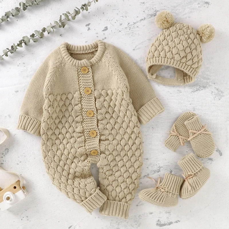 Set Knitted Infant Long Sleeve Jumpsuit +Boots +Mitten Solid +Hat Toddler Clothing  4PC