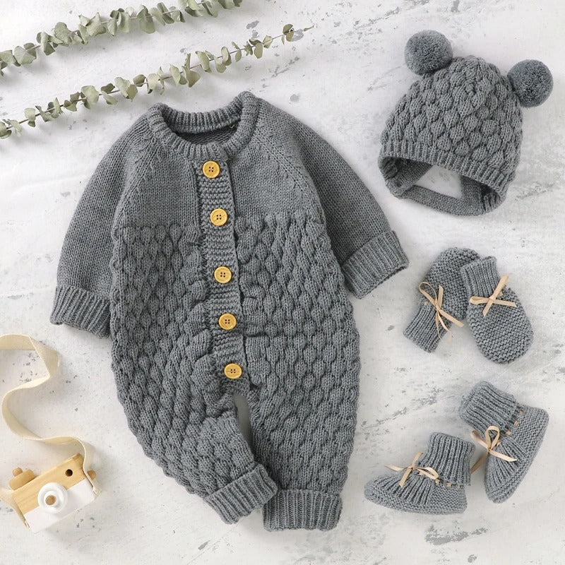 Set Knitted Infant Long Sleeve Jumpsuit +Boots +Mitten Solid +Hat Toddler Clothing  4PC