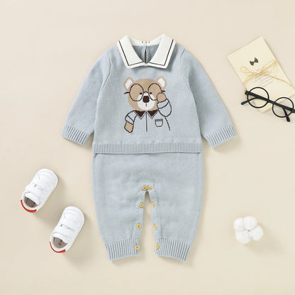 Set Cotton Knit Toddler Long Sleeve Turn-down Jumpsuit + Bed Quilt cute Bear.