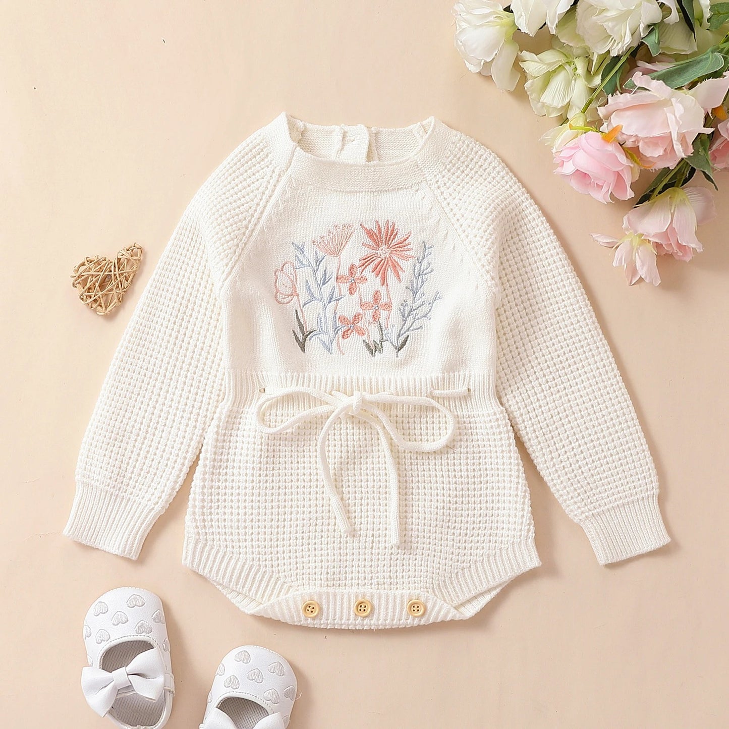 Pudcoco Infant Baby Girl Knit Jumpsuit Flower Embroidery Long Sleeve Drawstring Waist Romper.