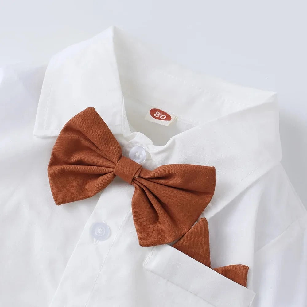 Set Solid Cotton Shirt with Pants Kid Suspender