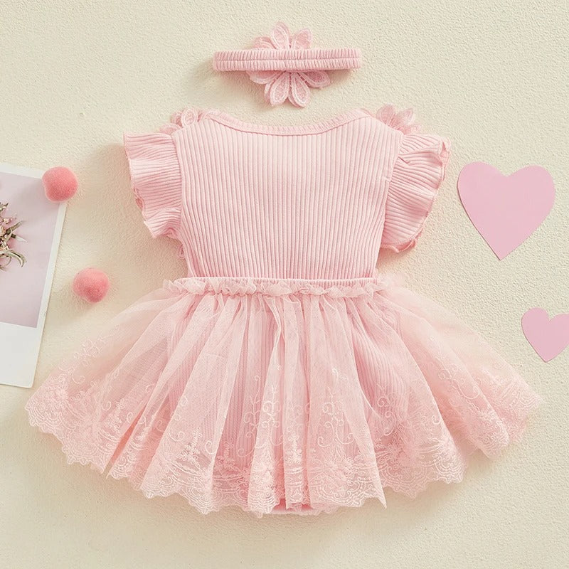 Baby Tulle Dress Romper Flowers Bodysuit Spring Summer Festival Clothes with Headband