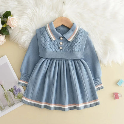 Kids Dresses Pearl Button Tricolor