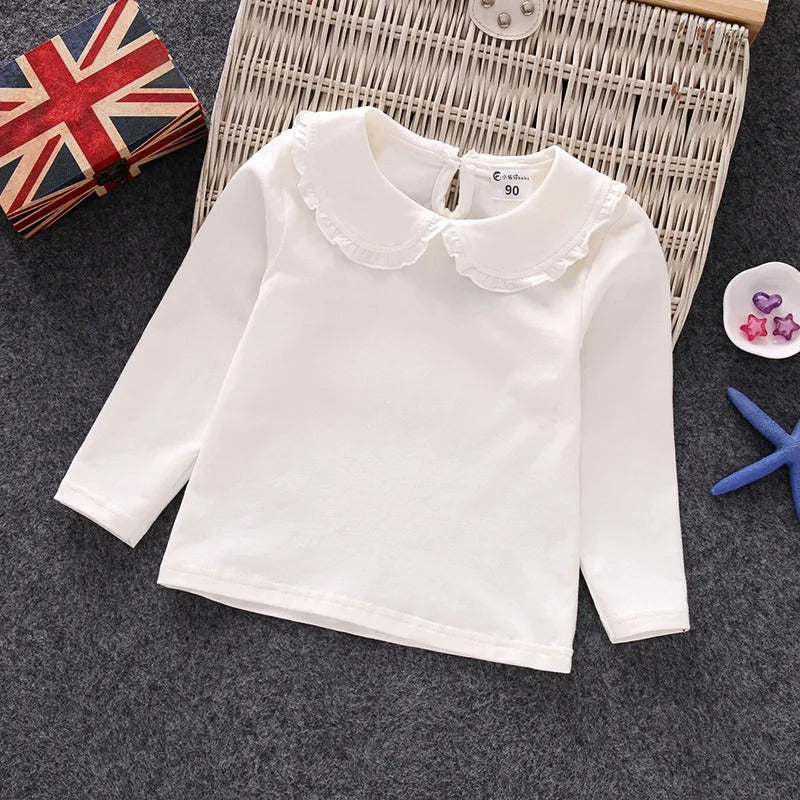Little Girls Shirts Cotton Lace White Long Sleeve.