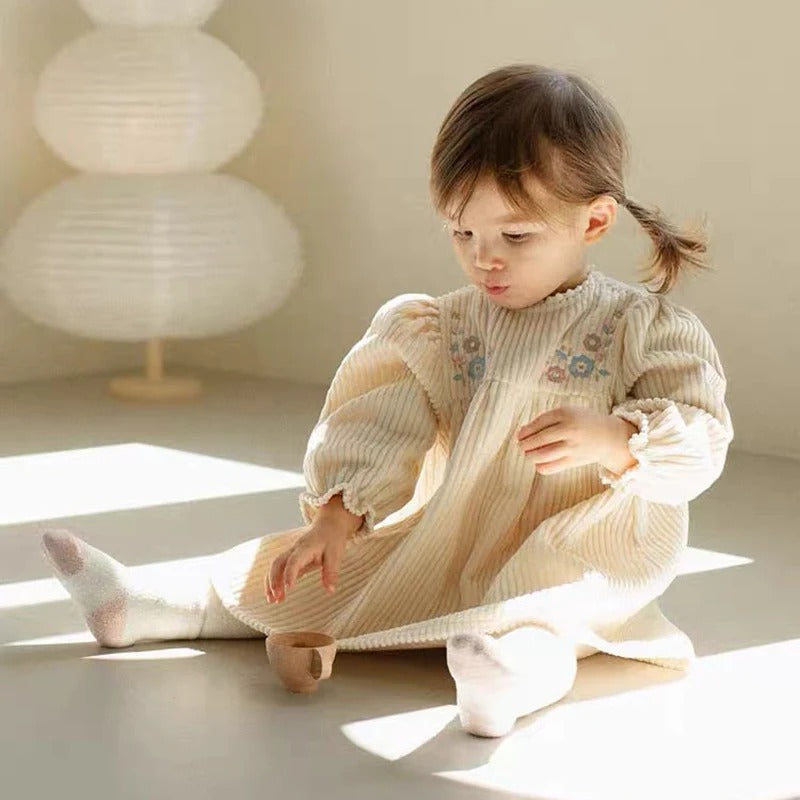 Embroidered Flowers Puff Sleeve Dress, Children's Retro Casual Loose Dresses