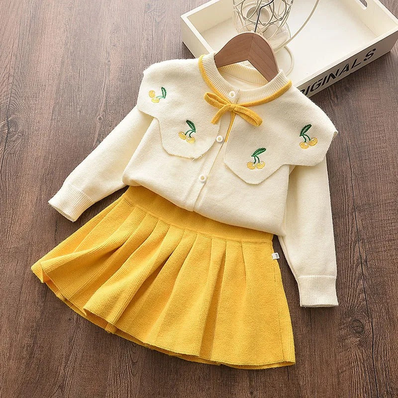 Long Sleeve Knitted Embroidery Sweater + Skirt