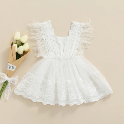 Baby Feathers Fly Sleeve Backless White Dress Summer Dress