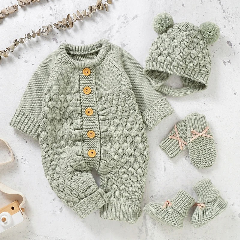 Set Knitted Infant Long Sleeve Jumpsuit +Boots +Mitten Solid +Hat Toddler Clothing  4PC