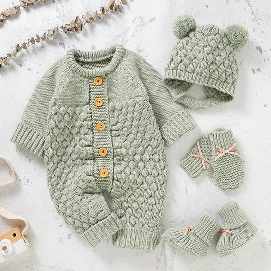 Set Knitted Infant Long Sleeve Jumpsuit +Boots +Mitten Solid +Hat Toddler Clothing  4PC