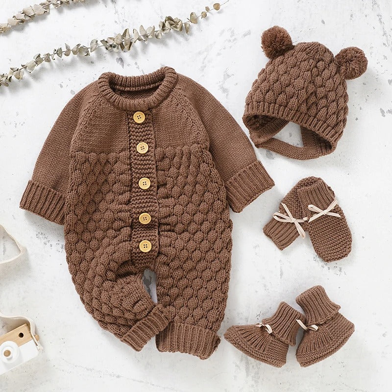 Set Knitted Infant Long Sleeve Jumpsuit +Boots +Mitten Solid +Hat Toddler Clothing  4PC