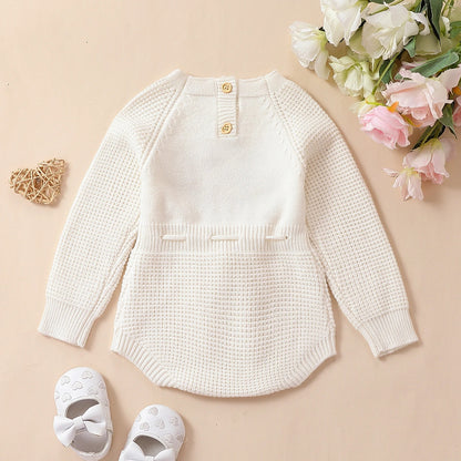 Pudcoco Infant Baby Girl Knit Jumpsuit Flower Embroidery Long Sleeve Drawstring Waist Romper.