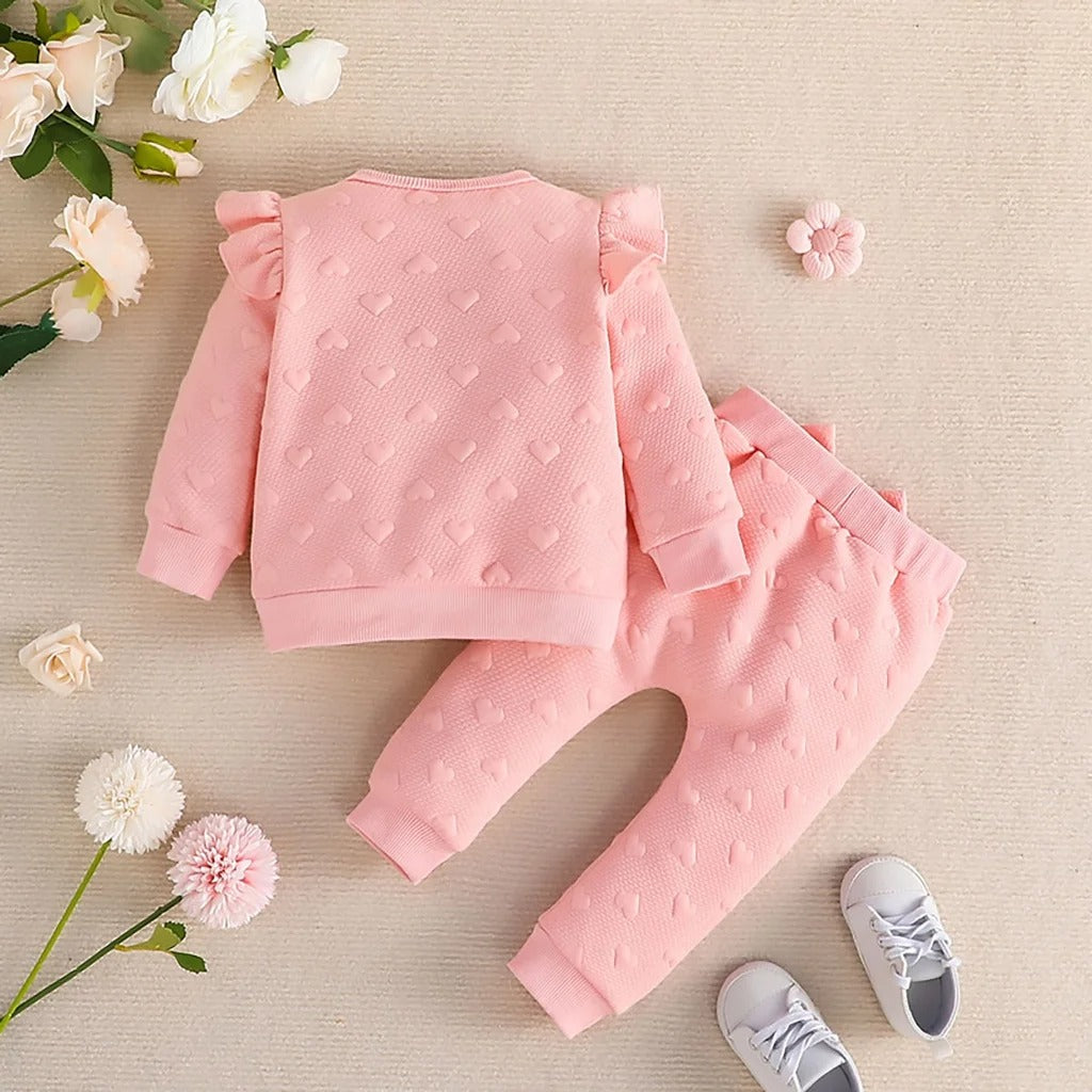 Newborn Baby  Long Sleeve Cute Heart-Shaped Printed Ruffled T-shirt and Bow Front Trousers suit