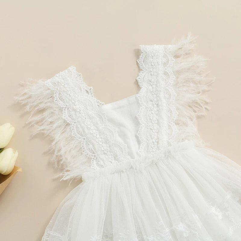 Baby Feathers Fly Sleeve Backless White Dress Summer Dress