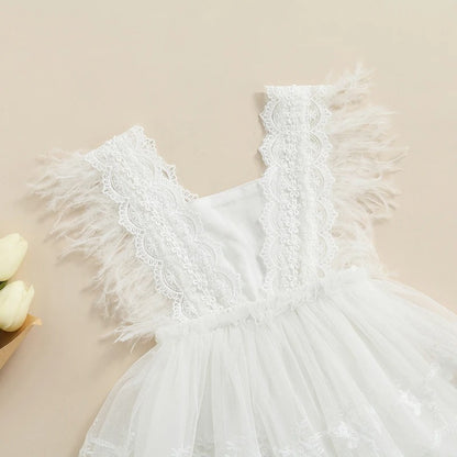 Baby Feathers Fly Sleeve Backless White Dress Summer Dress