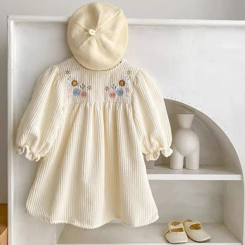Embroidered Flowers Puff Sleeve Dress, Children's Retro Casual Loose Dresses