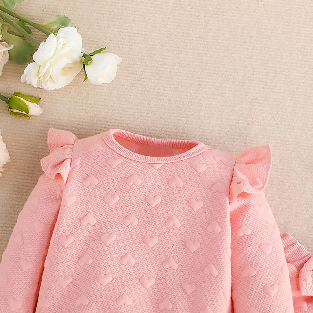 Newborn Baby  Long Sleeve Cute Heart-Shaped Printed Ruffled T-shirt and Bow Front Trousers suit