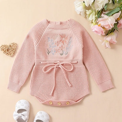 Pudcoco Infant Baby Girl Knit Jumpsuit Flower Embroidery Long Sleeve Drawstring Waist Romper.