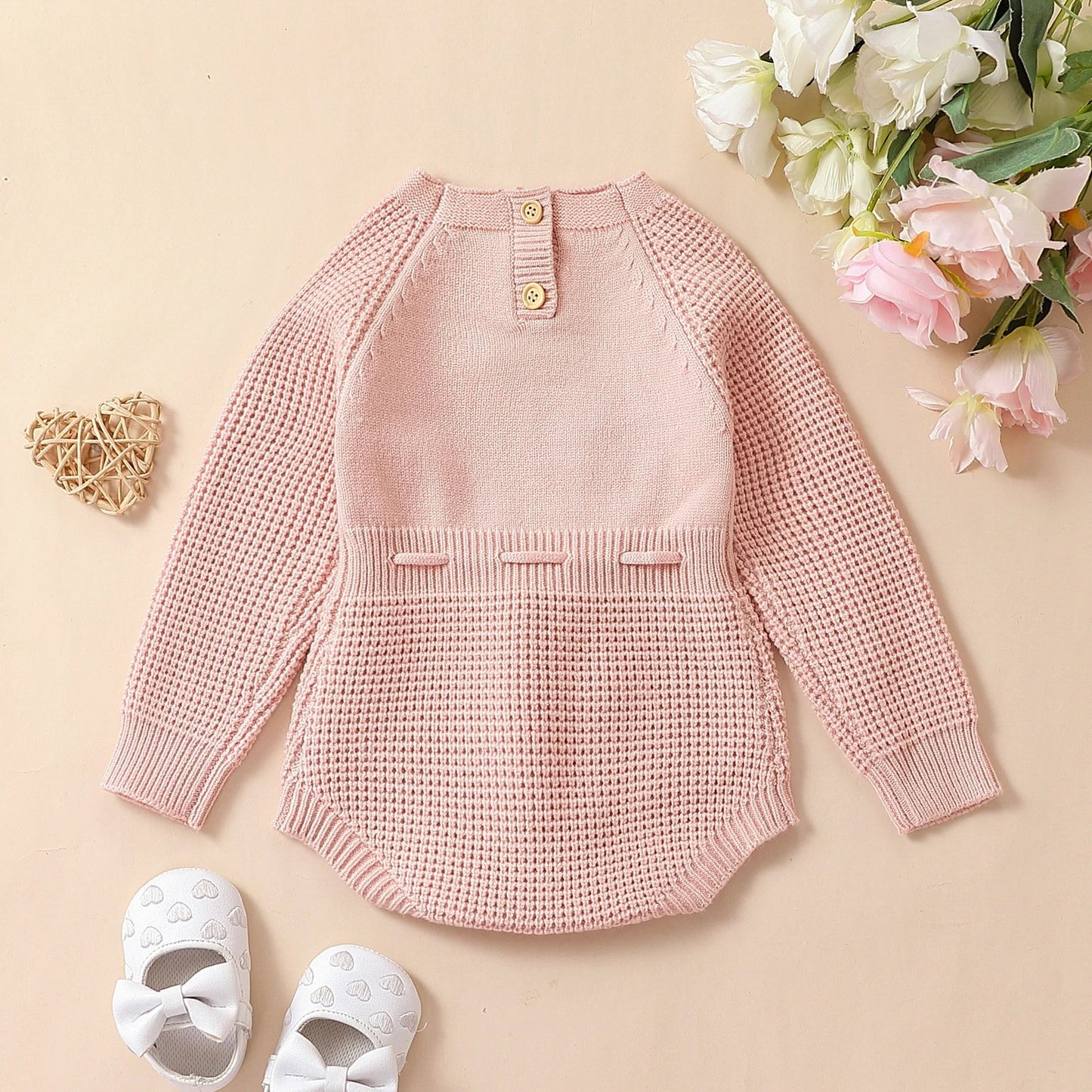 Pudcoco Infant Baby Girl Knit Jumpsuit Flower Embroidery Long Sleeve Drawstring Waist Romper.