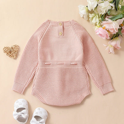 Pudcoco Infant Baby Girl Knit Jumpsuit Flower Embroidery Long Sleeve Drawstring Waist Romper.