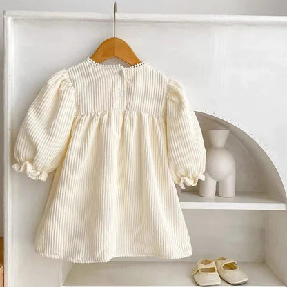 Embroidered Flowers Puff Sleeve Dress, Children's Retro Casual Loose Dresses