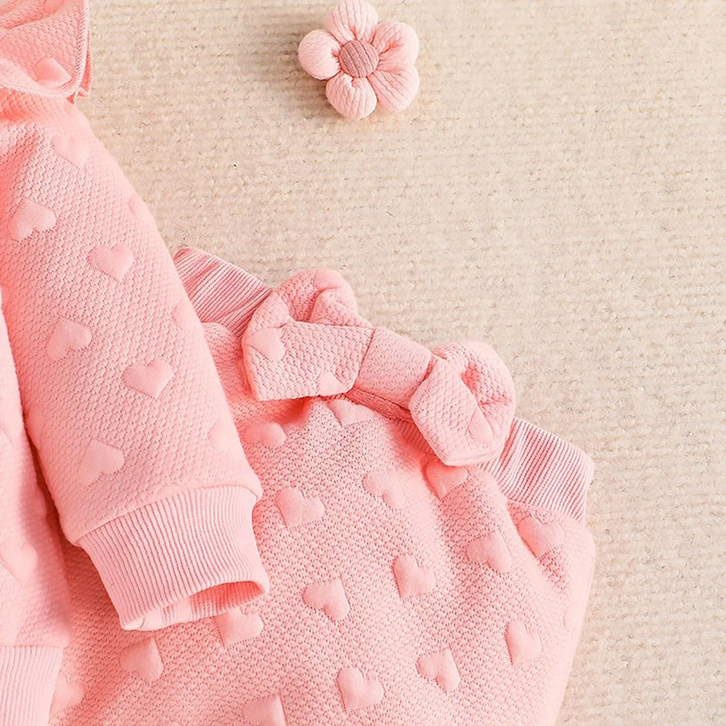 Newborn Baby  Long Sleeve Cute Heart-Shaped Printed Ruffled T-shirt and Bow Front Trousers suit