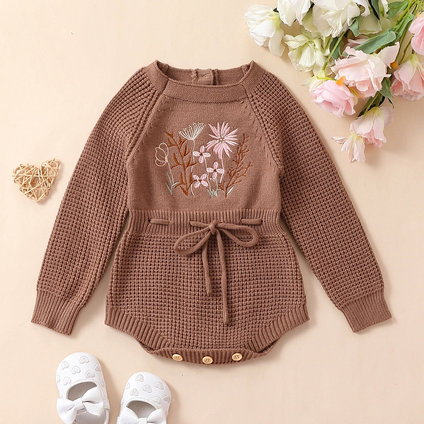 Pudcoco Infant Baby Girl Knit Jumpsuit Flower Embroidery Long Sleeve Drawstring Waist Romper.