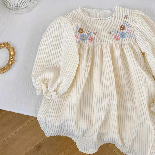 Embroidered Flowers Puff Sleeve Dress, Children's Retro Casual Loose Dresses