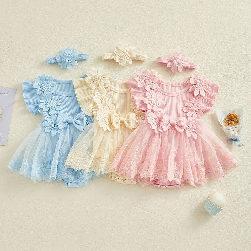 Baby Tulle Dress Romper Flowers Bodysuit Spring Summer Festival Clothes with Headband