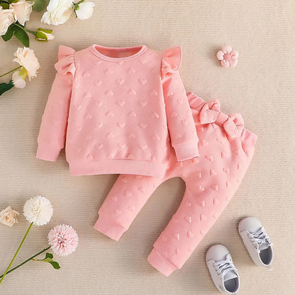 Newborn Baby  Long Sleeve Cute Heart-Shaped Printed Ruffled T-shirt and Bow Front Trousers suit
