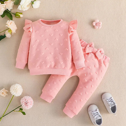 Newborn Baby  Long Sleeve Cute Heart-Shaped Printed Ruffled T-shirt and Bow Front Trousers suit