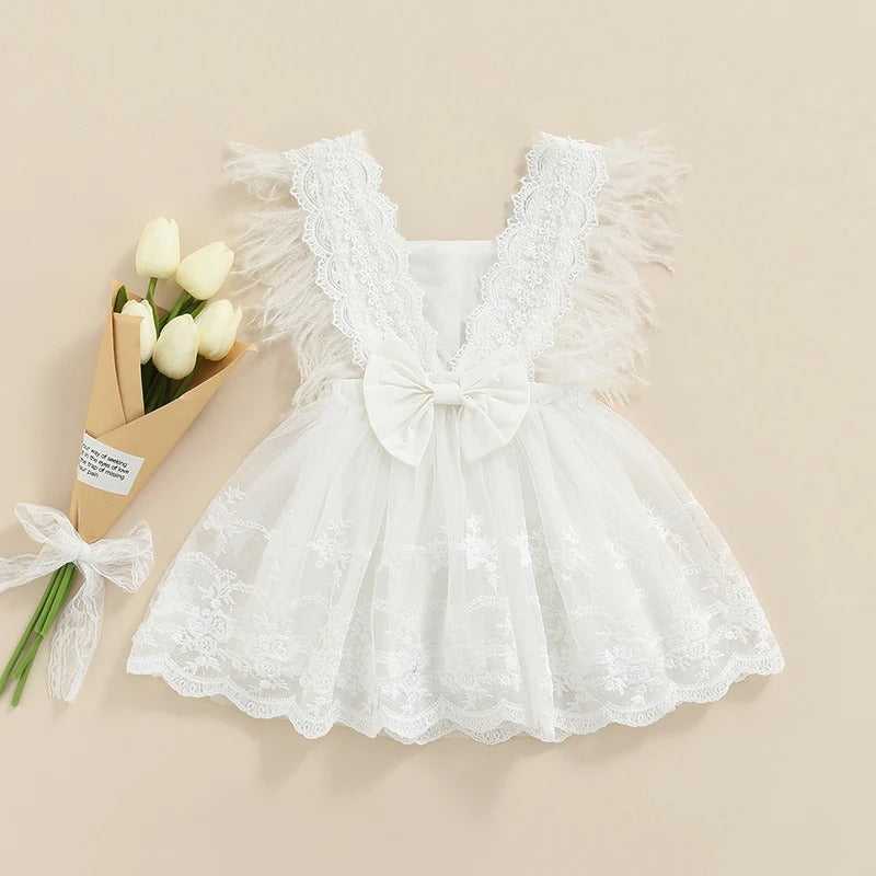 Baby Feathers Fly Sleeve Backless White Dress Summer Dress