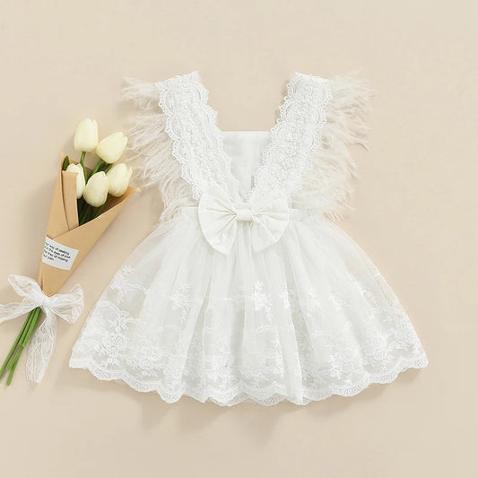 Baby Feathers Fly Sleeve Backless White Dress Summer Dress