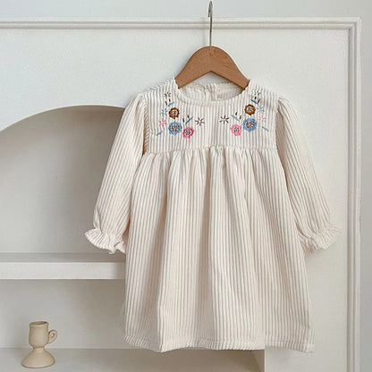 Embroidered Flowers Puff Sleeve Dress, Children's Retro Casual Loose Dresses