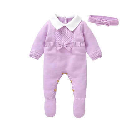 Newborn Baby Rompers Set Wrap Feet Warm Infant with hair bow.
