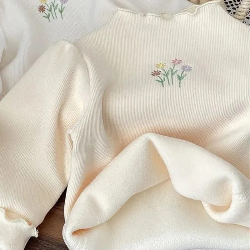 Warm Thickening Sweater Children Puff Sleeve Flower Embroidery Bottom
